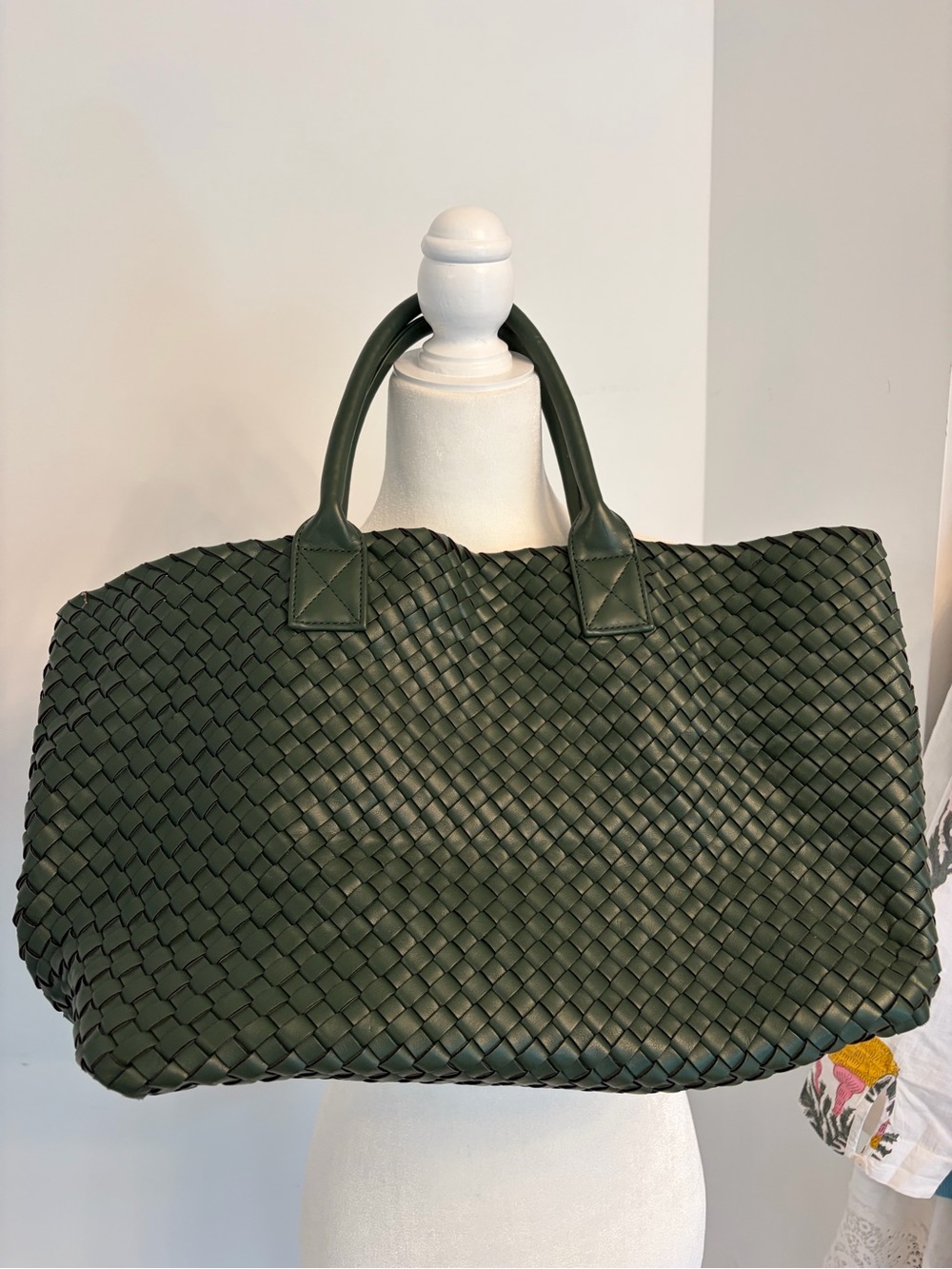 Woven Tote Bag in Dark Green - Luxury Handled Carryall